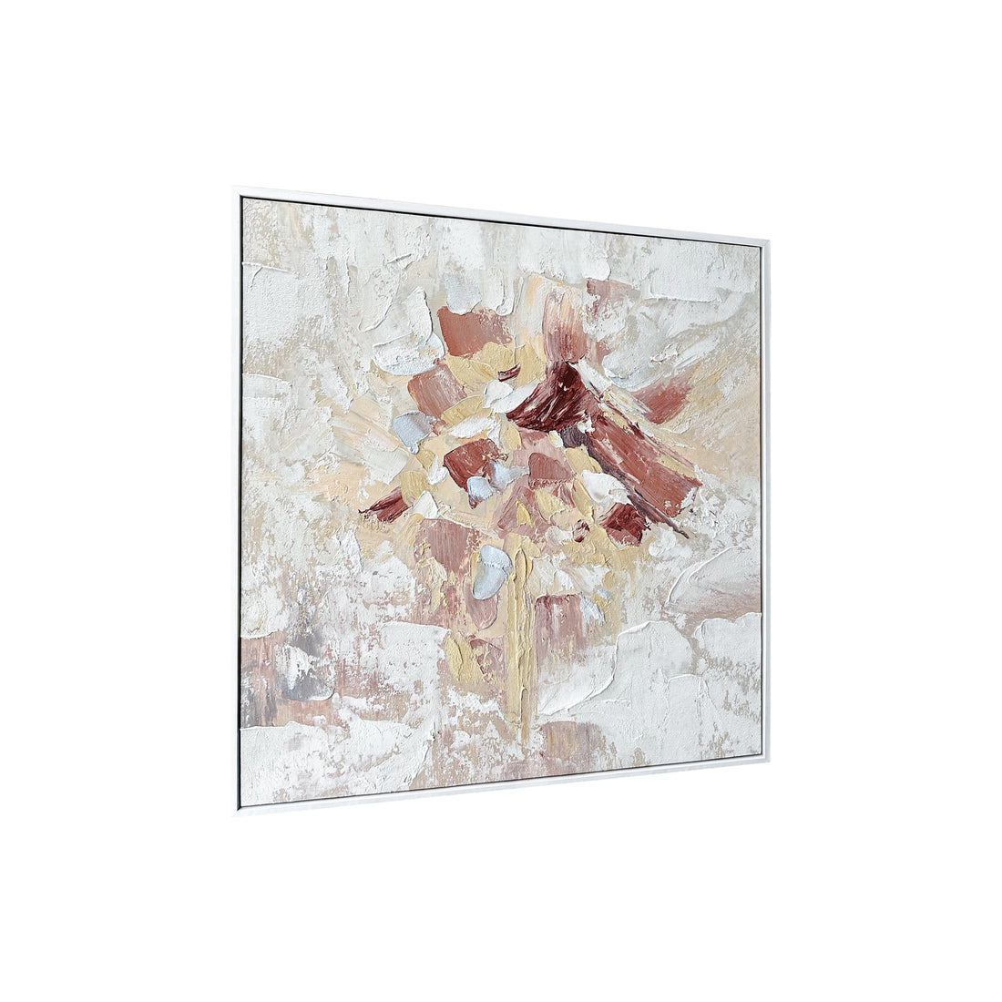 Bloom Framed Canvas Wall Art 105 x 105cm in White features thick, textured brushstrokes in neutral tones with warm accents, framed in a minimalist white for a modern, gallery-like presence.
