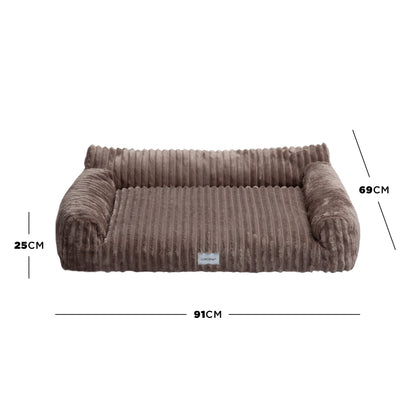 Brown corduroy pet bed on white background with dimensions shown