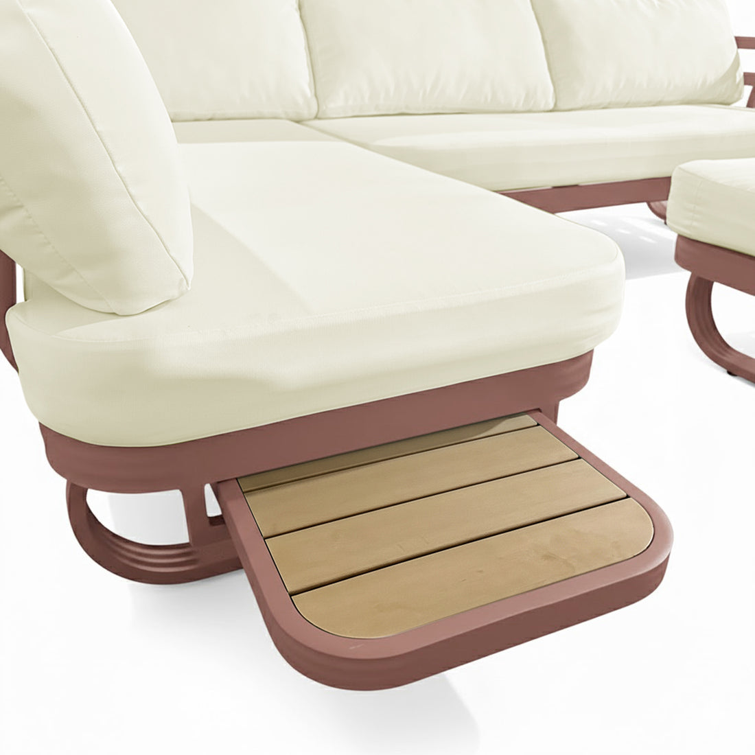 Close-up of the Paloma Modular Outdoor Lounge Set in Terracotta, featuring off-white cushions on a reddish-brown frame, with an extended wooden-slatted side table beneath the seat.
