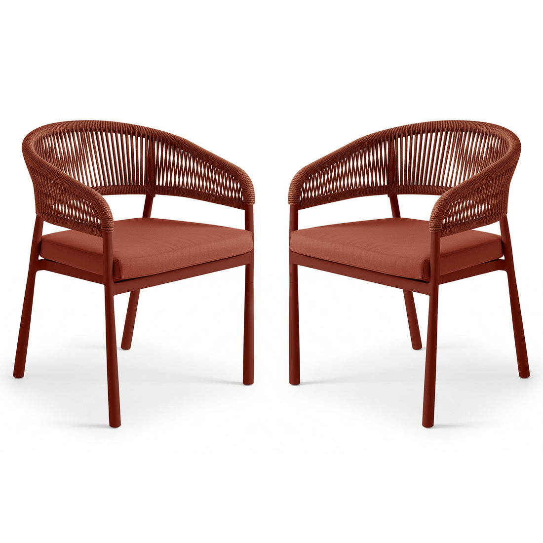 Coastal Outdoor Rope Dining Chairs Set of 2 in Burnt Orange featuring tubular frames, woven-rope curved back/armrests, and simple upholstered seat cushions displayed side by side against a plain backdrop.