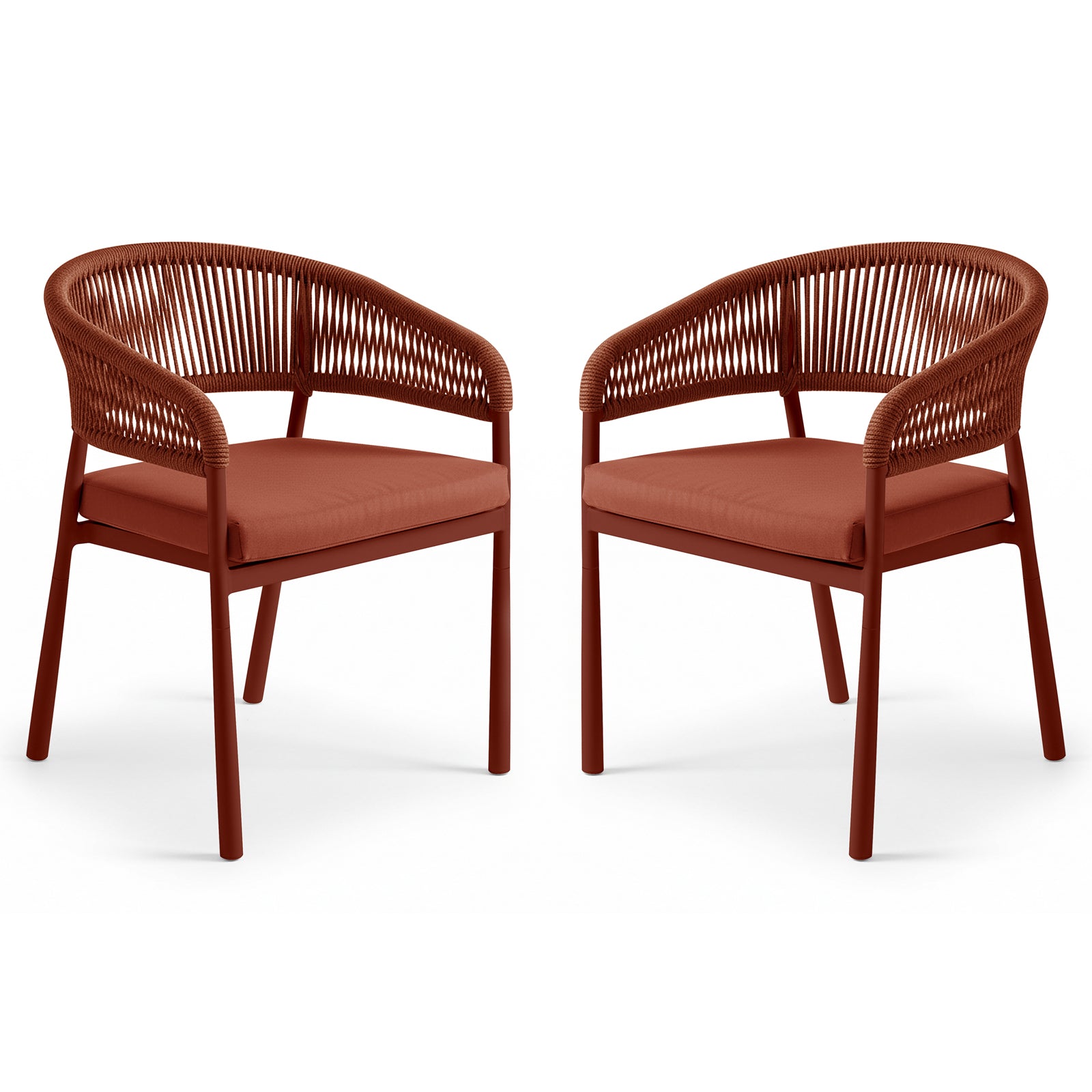 Coastal Outdoor Rope Dining Chairs Set of 2 in Burnt Orange featuring tubular frames, woven-rope curved back/armrests, and simple upholstered seat cushions displayed side by side against a plain backdrop.