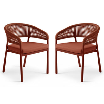Coastal Outdoor Rope Dining Chairs Set of 2 in Burnt Orange featuring tubular frames, woven-rope curved back/armrests, and simple upholstered seat cushions displayed side by side against a plain backdrop.