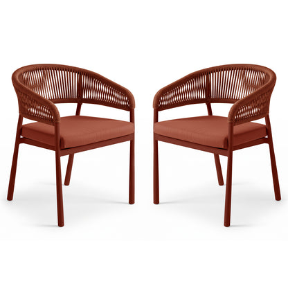 Coastal Outdoor Rope Dining Chairs Set of 2 in Burnt Orange featuring tubular frames, woven-rope curved back/armrests, and simple upholstered seat cushions displayed side by side against a plain backdrop.