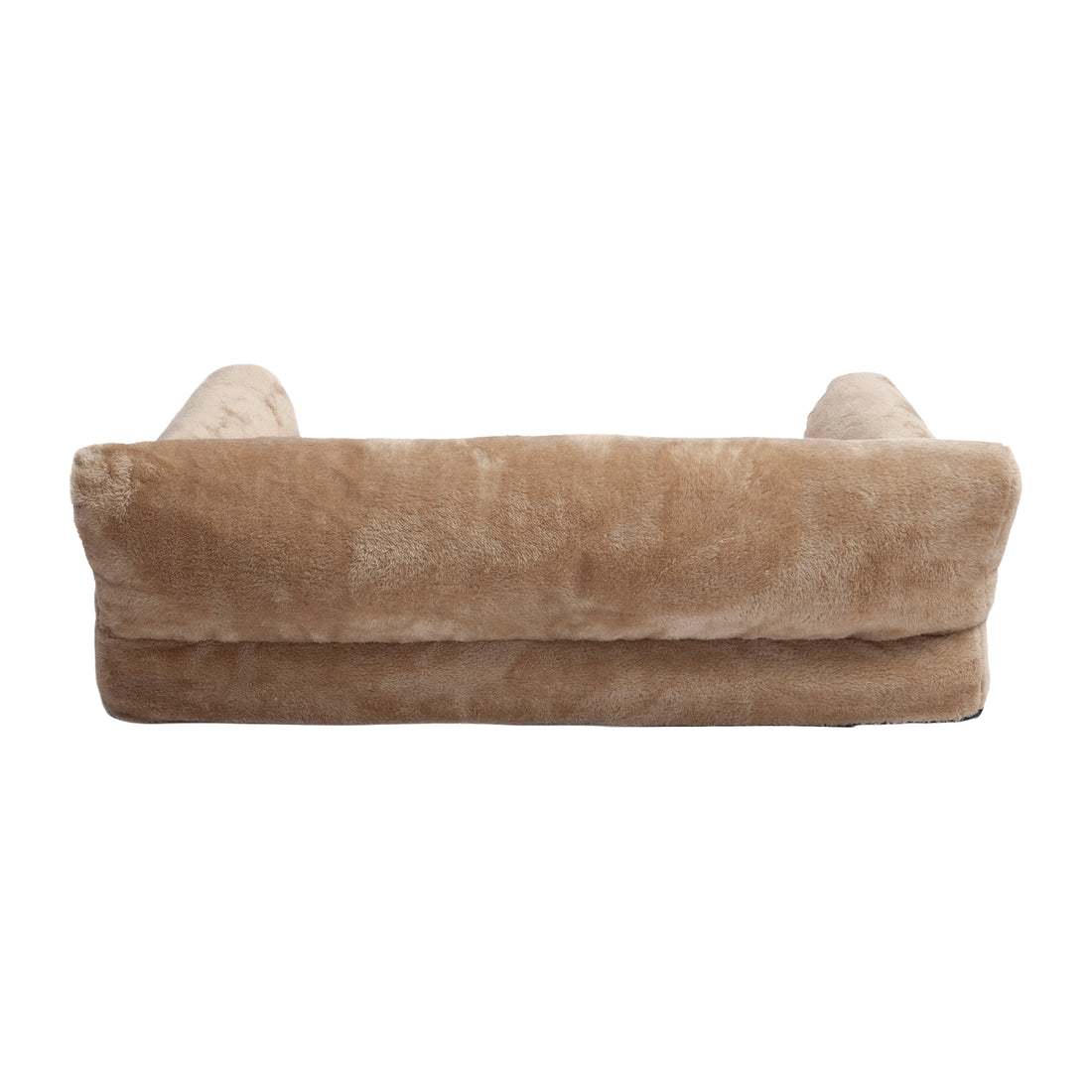 Back view of tan plush pet sofa bed on white background