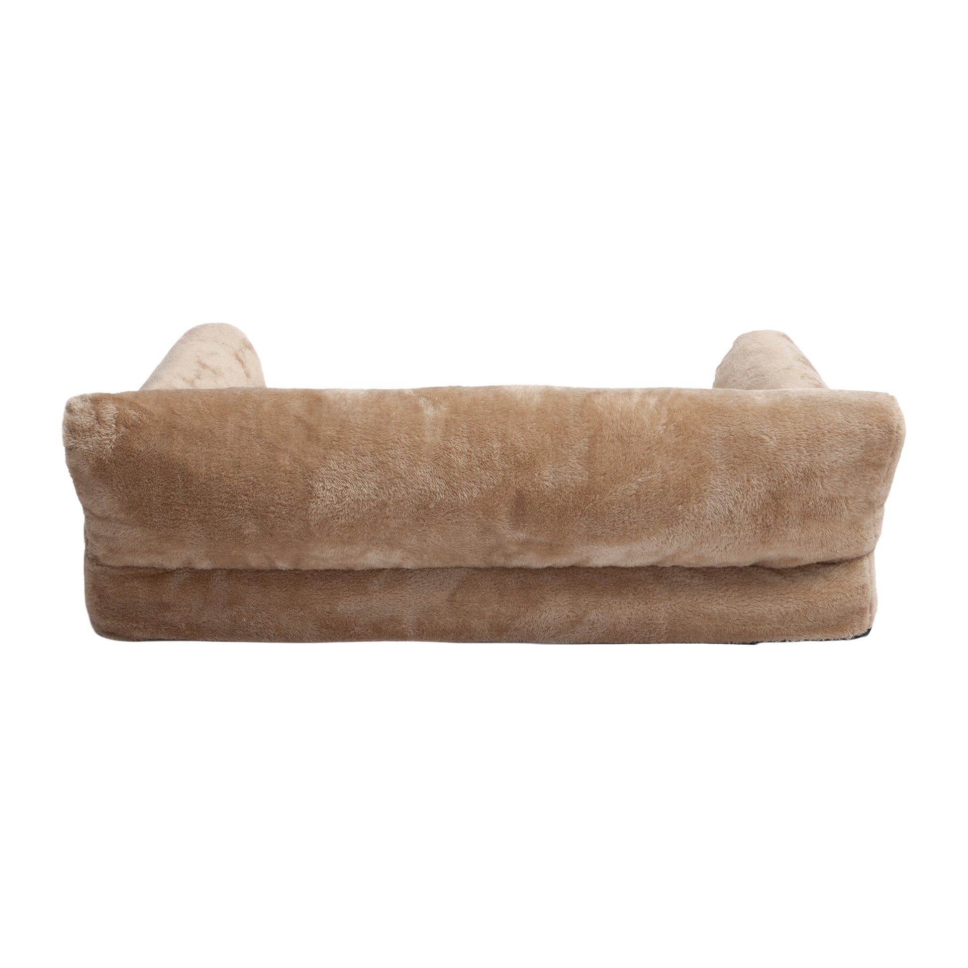 Back view of tan plush pet sofa bed on white background