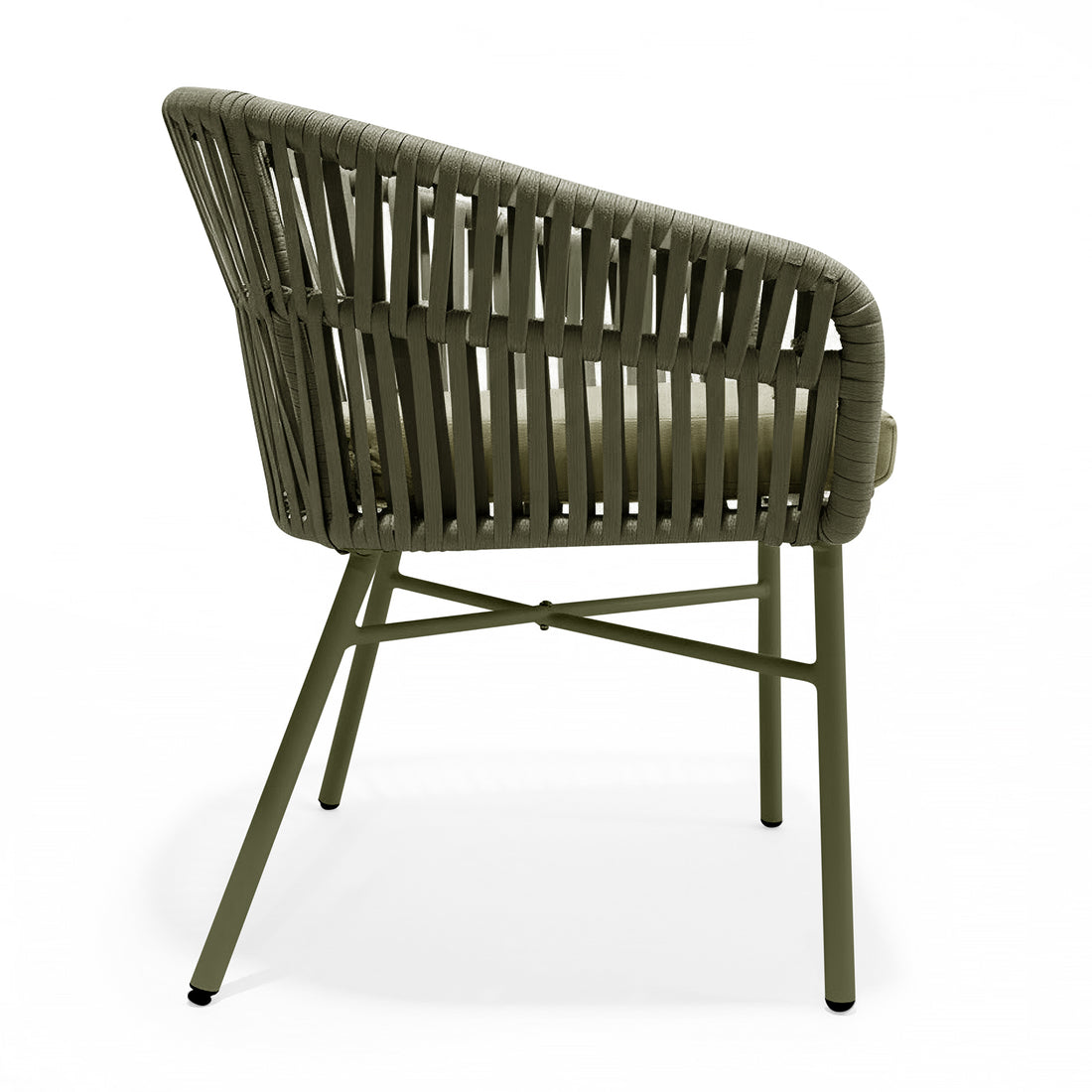 Marula Rope Outdoor Dining Chairs in Green Set of 4 with a tubular metal frame, open-weave rope design, and cushioned seat pad, perfect for stylish and comfortable outdoor dining.