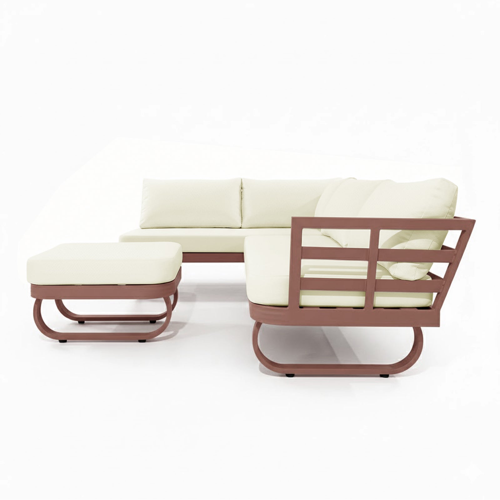 Paloma Modular Outdoor Lounge Set in Terracotta: L-shaped sectional with cream cushions, sled-style reddish-brown frame, matching ottoman, designed for comfort and weather resistance, perfect for outdoor relaxation.