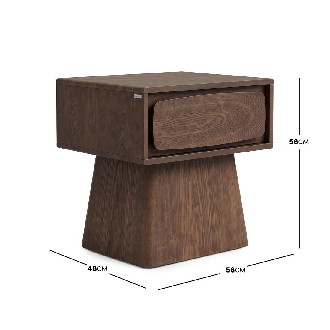 Wooden nightstand with dimension markers showing 58cm by 58cm by 48cm