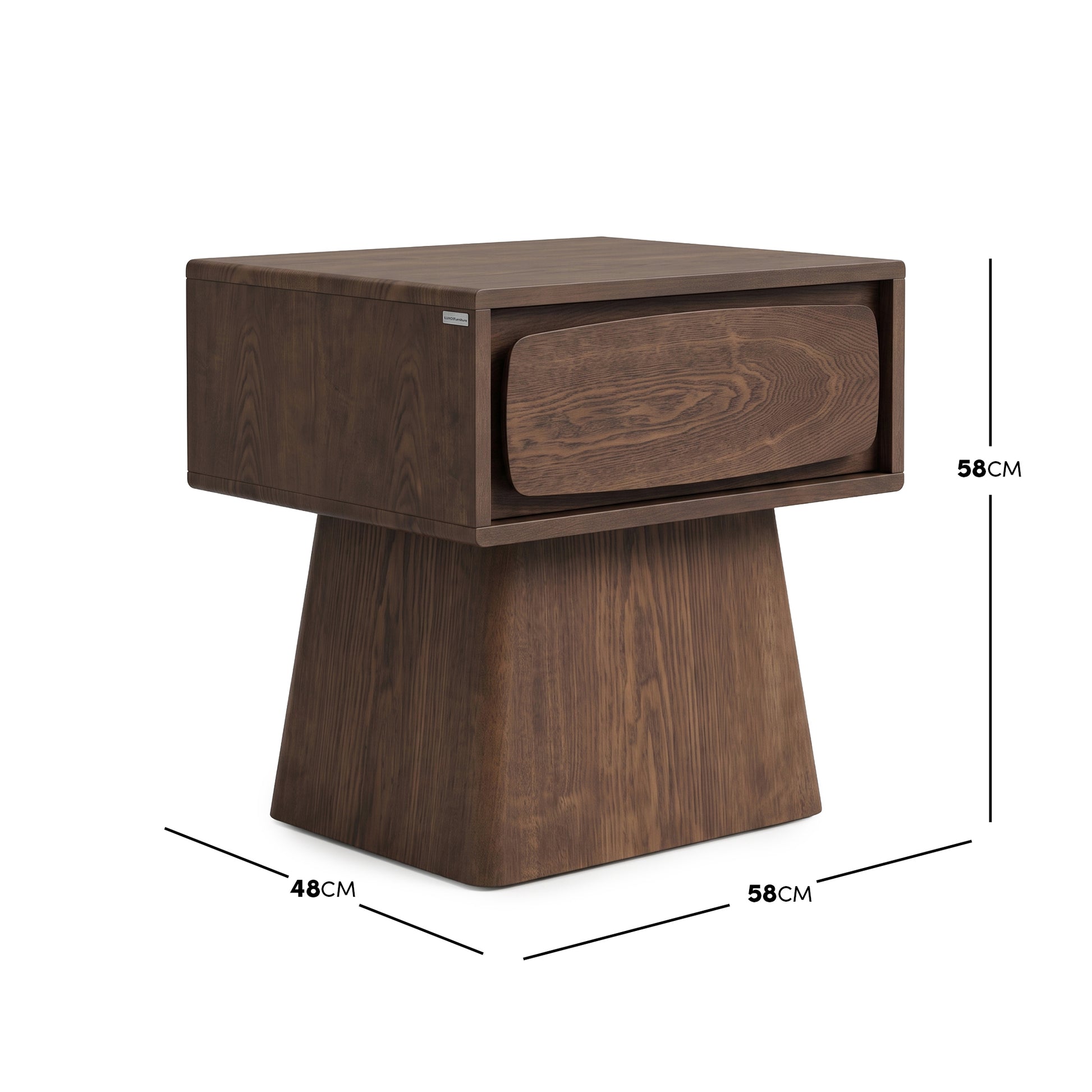 Wooden nightstand with dimension markers showing 58cm by 58cm by 48cm