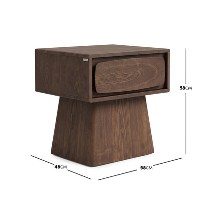 Wooden nightstand with dimension markers showing 58cm by 58cm by 48cm