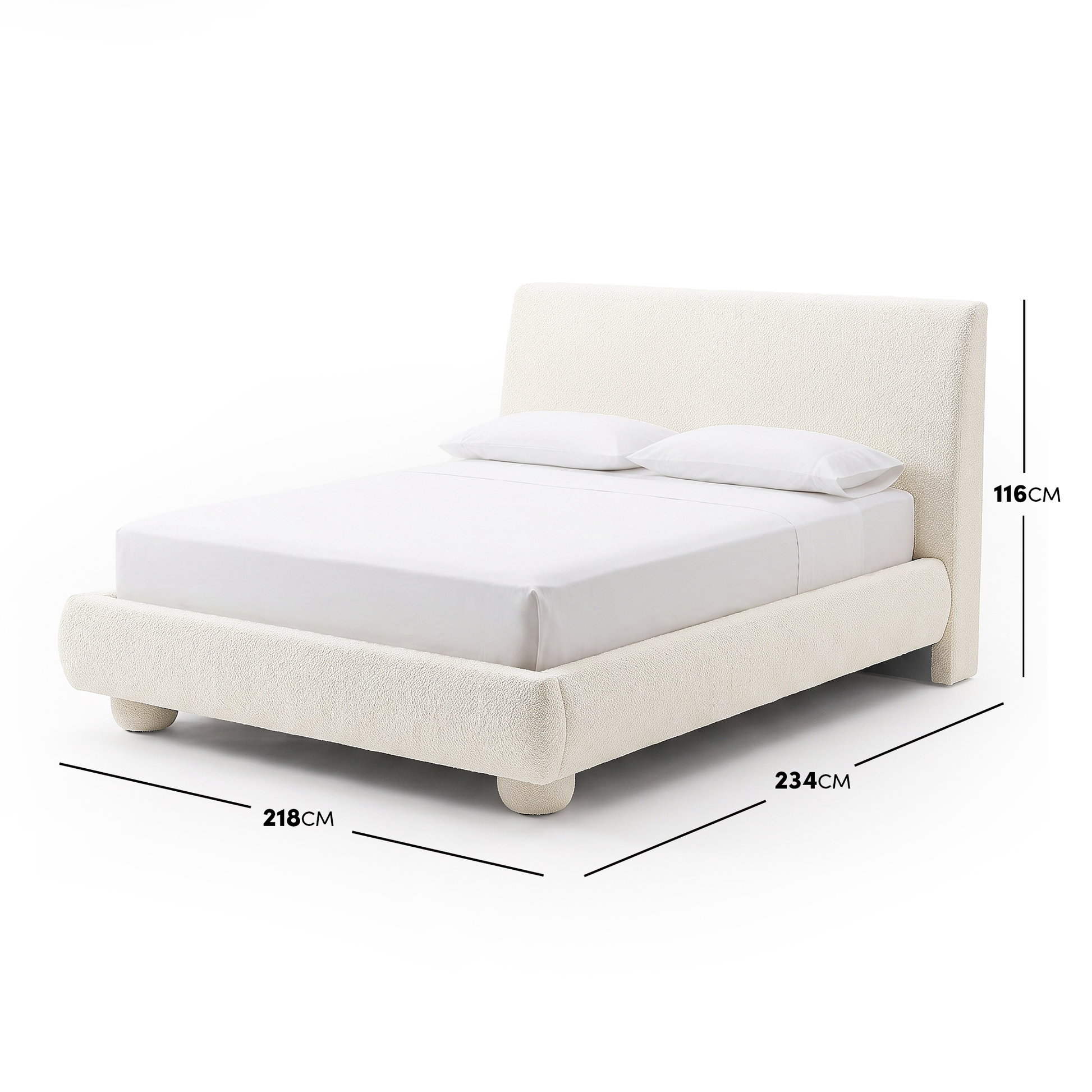 Modern upholstered bed on white background with dimensions labeled
