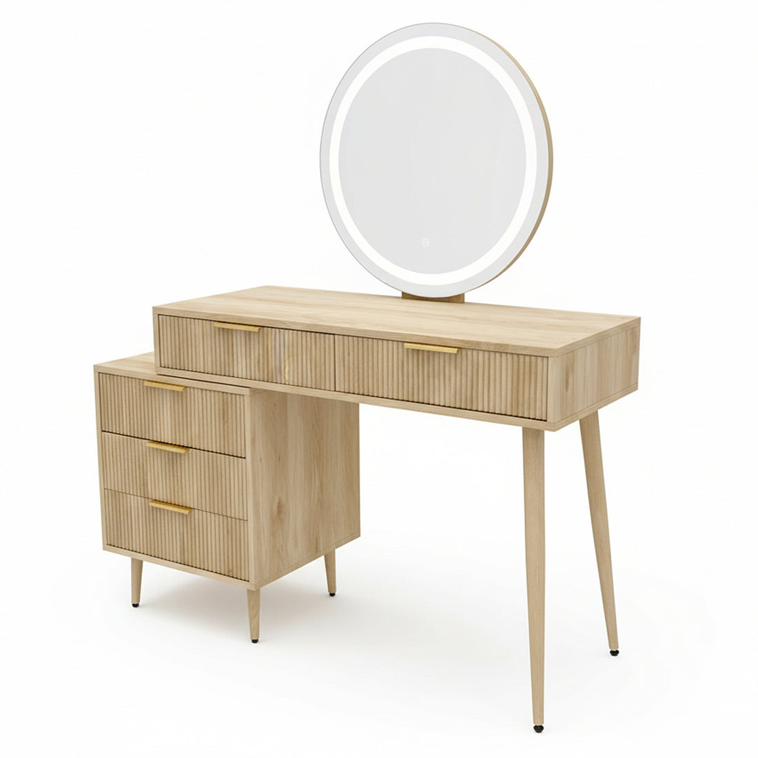 Serenity Dressing Table with Touch Screen Mirror in Natural features a light-wood design, integrated LED mirror, two-drawer tabletop, fluted pedestal drawers, and splayed legs with black foot caps.