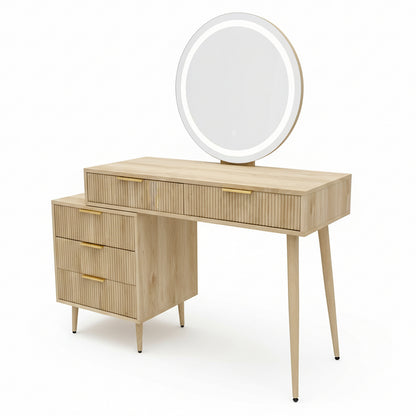 Serenity Dressing Table with Touch Screen Mirror in Natural features a light-wood design, integrated LED mirror, two-drawer tabletop, fluted pedestal drawers, and splayed legs with black foot caps.