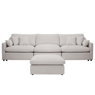 Light beige upholstered sofa with ottoman and pillows on a white background
