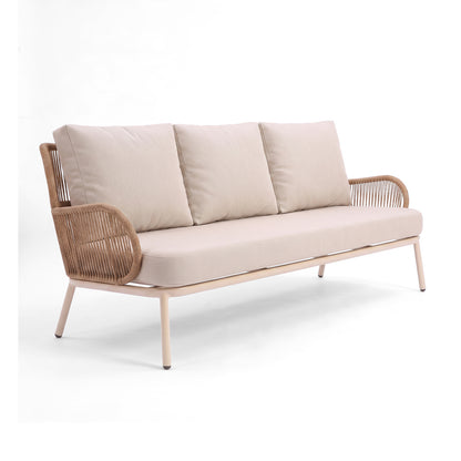 Three-seater sofa with light beige cushions and woven armrests on a white background