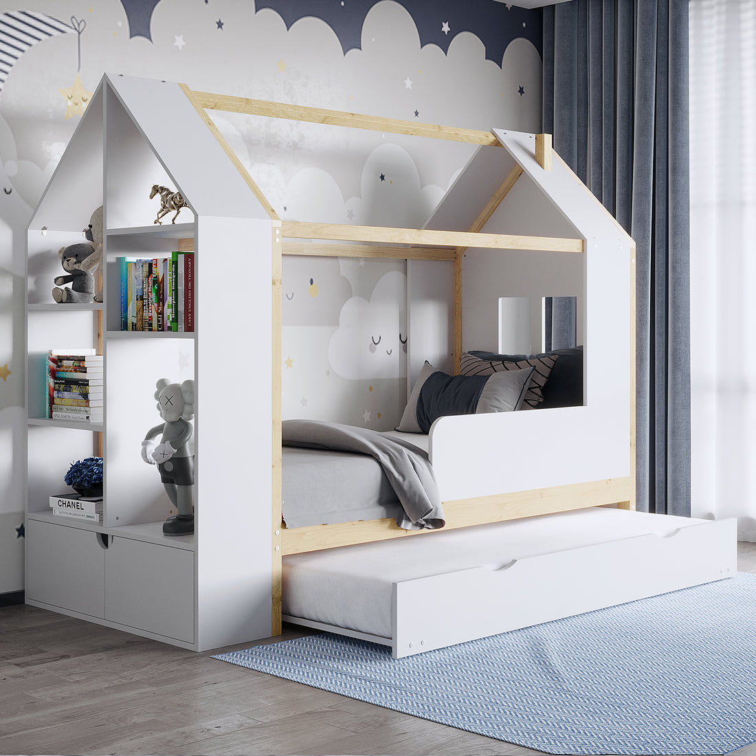 Halden Kids Cubby Bed Storage & Trundle in White & Natural features a house-shaped frame with a trundle, integrated shelving for toys and books, and a cloud-and-star wallpaper backdrop.
