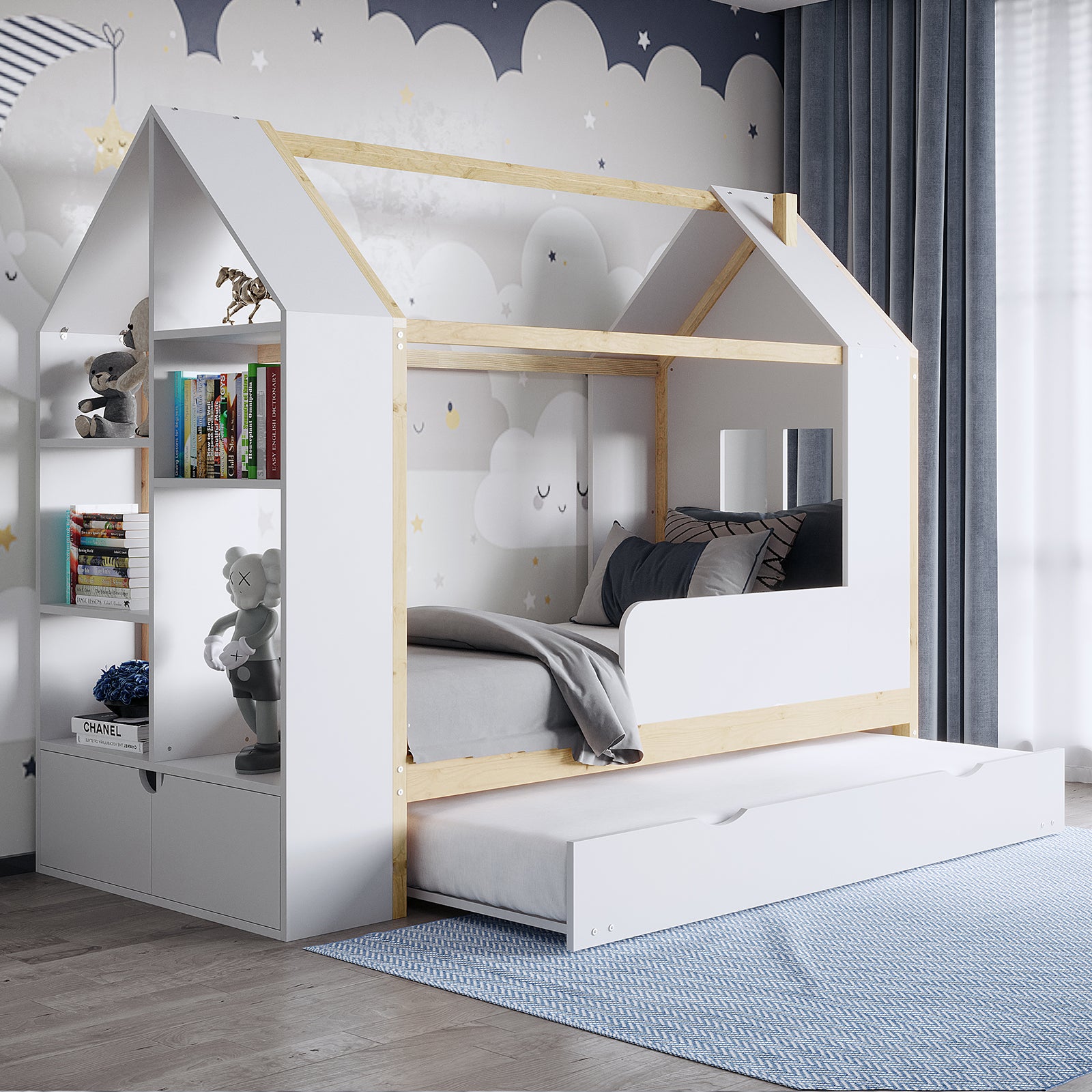Halden Kids Cubby Bed Storage & Trundle in White & Natural features a house-shaped frame with a trundle, integrated shelving for toys and books, and a cloud-and-star wallpaper backdrop.