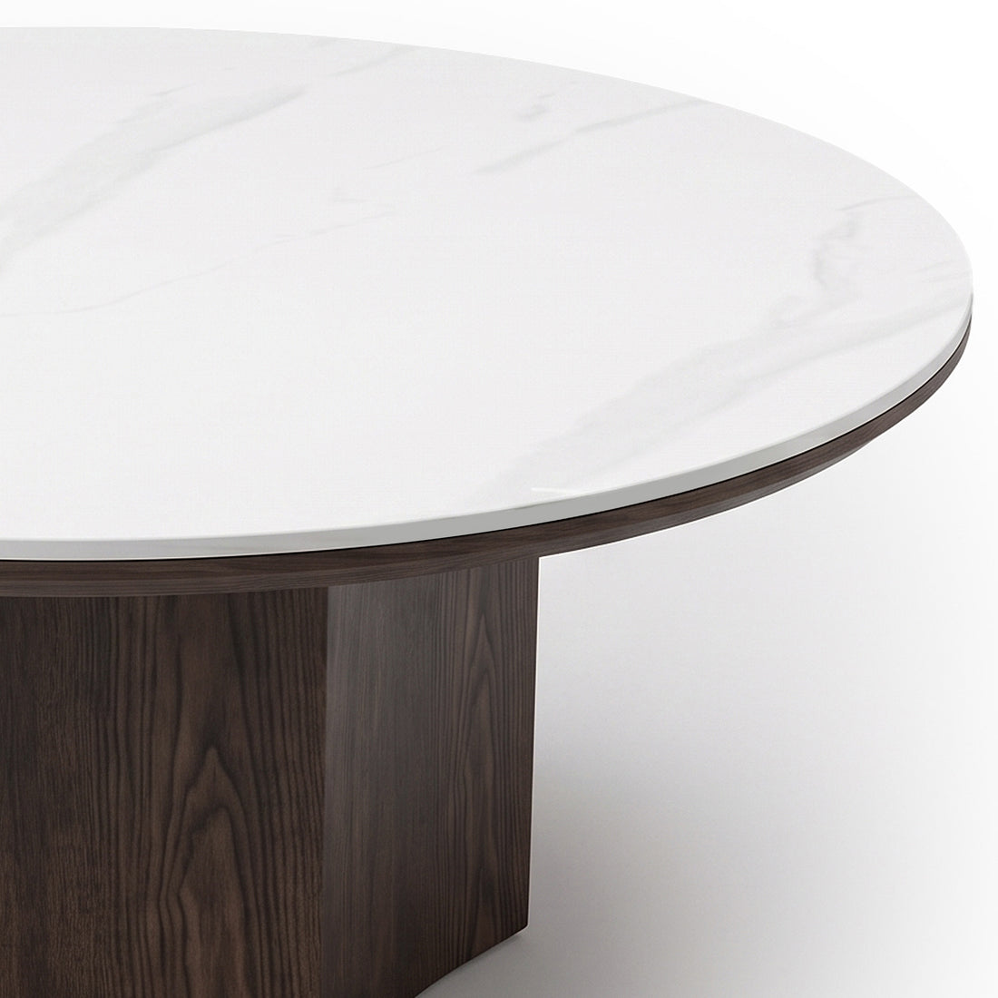 Close-up of a round table with a white marble-like top and dark wood base on a white background