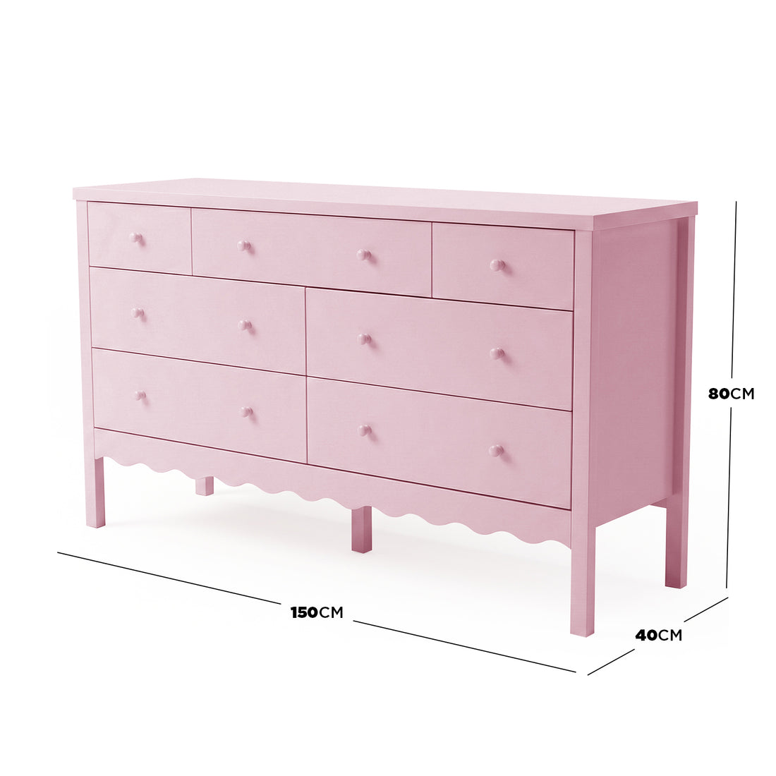 Pink dresser with eight drawers and measurement labels on white background