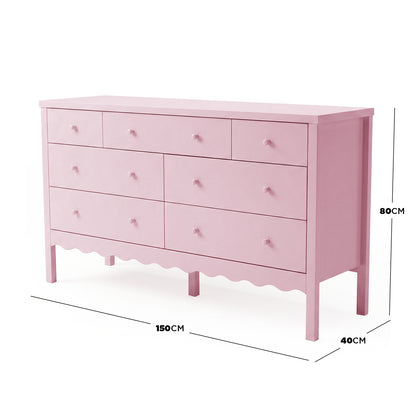 Pink dresser with eight drawers and measurement labels on white background