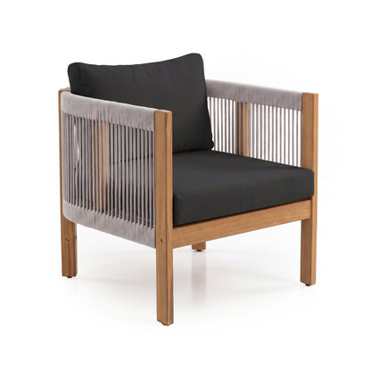 Contemporary armchair with wooden frame and rope detailing on a white background