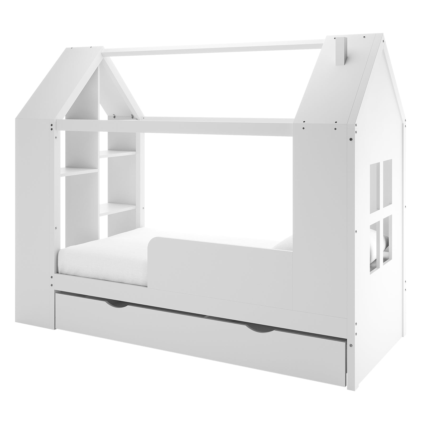 Haron Single Cubby House Bed Storage in White features a house-shaped frame with pitched roof, low side guard, built-in shelves, window cut-out, and pull-out storage drawer underneath.