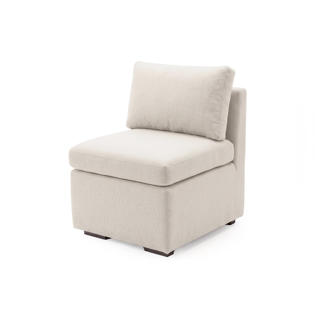 Compact cream upholstered armless chair on white background