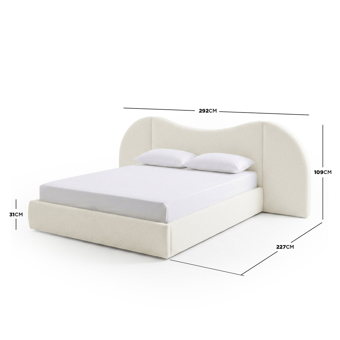 Upholstered bed with curved headboard and dimensions overlay on white background