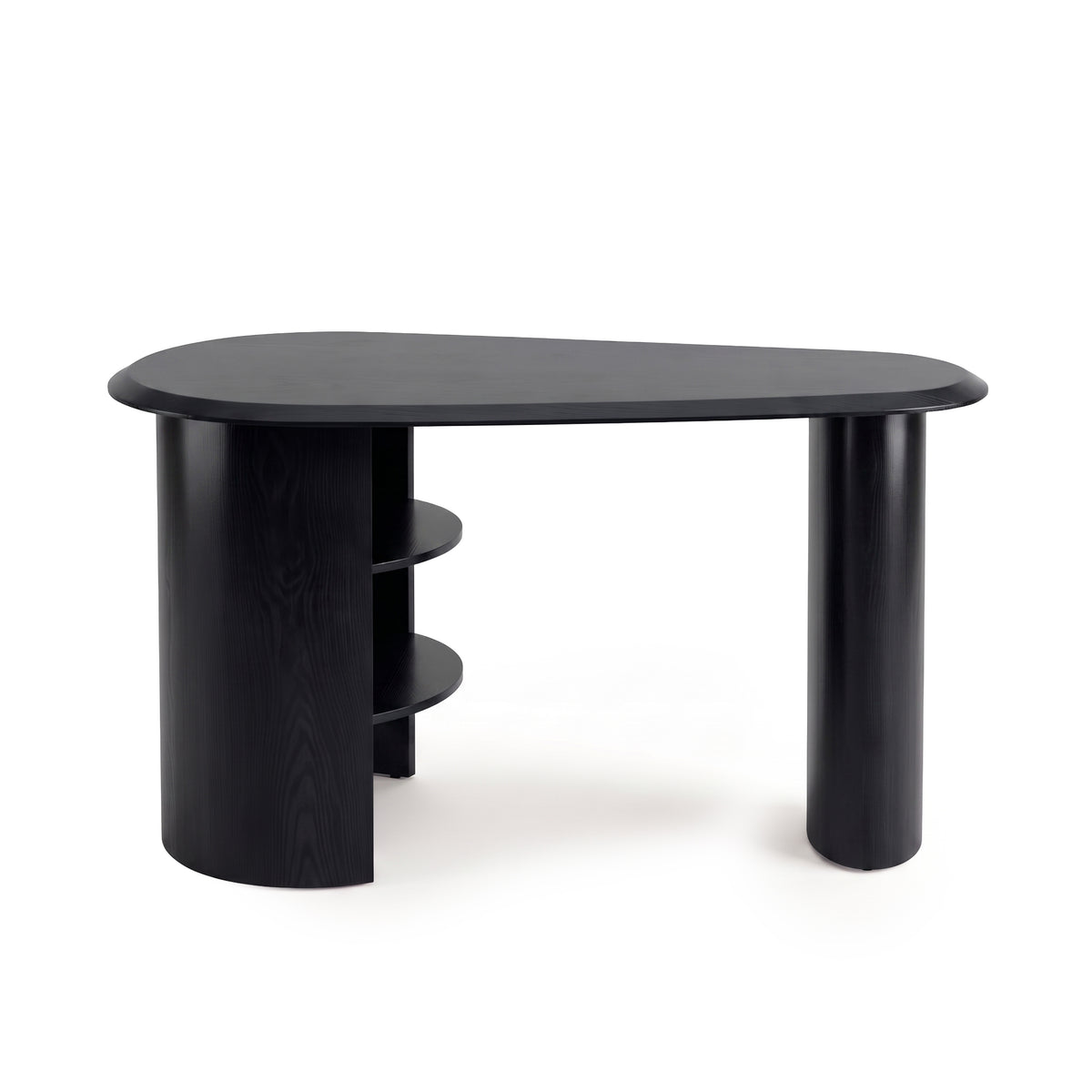 Modern black desk with asymmetrical top and open shelves on a white background