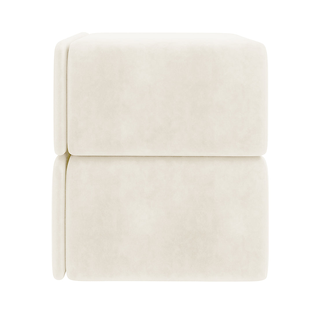 Luxo Tyla Modern Velvet Bedside Table Beige, featuring two stacked, cream-colored, rectangular upholstered blocks with rounded edges, showcasing its smooth fabric and modular design against a white background.