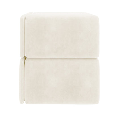 Luxo Tyla Modern Velvet Bedside Table Beige, featuring two stacked, cream-colored, rectangular upholstered blocks with rounded edges, showcasing its smooth fabric and modular design against a white background.