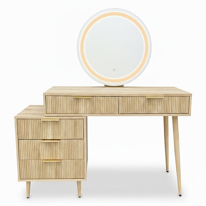 Serenity Dressing Table with Touch Screen Mirror in Natural, featuring a fluted three-drawer pedestal, tapered legs, and a round LED-lit mirror, showcases mid-century modern elegance and functional design.