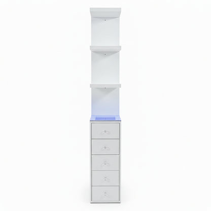 Tall white cabinet with three open shelves and five drawers on white background
