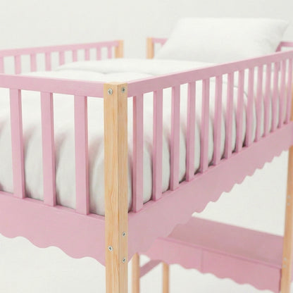 Close-up of pink frame and natural wood corner of children’s crib