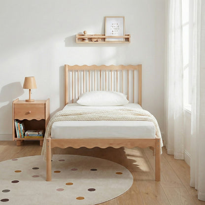 Modern bedroom scene with light-wood bed frame, nightstand, lamp, and wall shelf