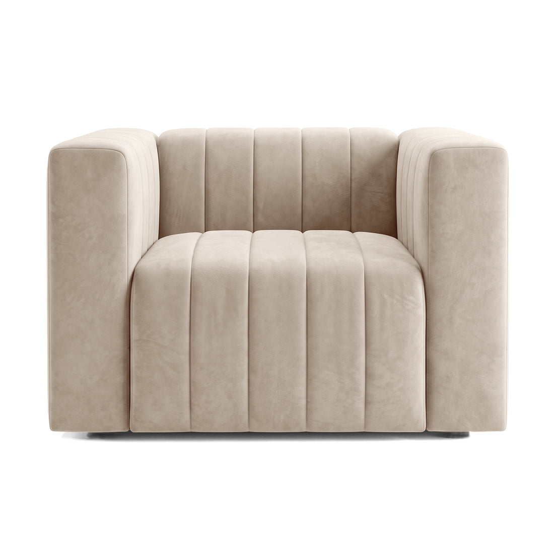 Front view of a beige modern armchair on a white background