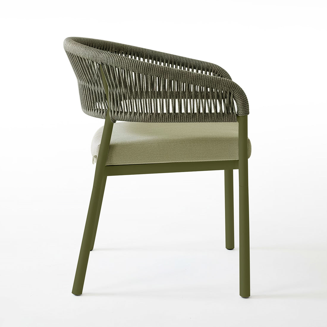 Coastal Outdoor Rope Dining Chairs Set of 2 in Green, featuring powder-coated metal frames, curved rope-wrapped back and arms, light olive cushion with visible zipper, and splayed legs for versatile indoor or outdoor use.
