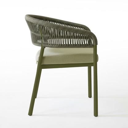 Coastal Outdoor Rope Dining Chairs Set of 2 in Green, featuring powder-coated metal frames, curved rope-wrapped back and arms, light olive cushion with visible zipper, and splayed legs for versatile indoor or outdoor use.