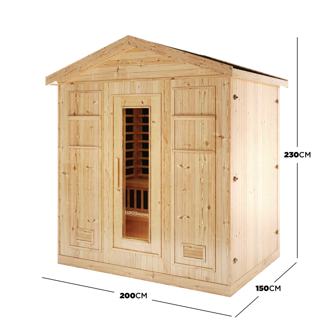 Luxo Kiima 6 Person Hybrid Finnish Outdoor Sauna in Natural, showcasing a wooden cabin with a glass-inset door, visible interior benches, and heating elements, measuring 200 cm wide × 150 cm deep × 230 cm tall.
