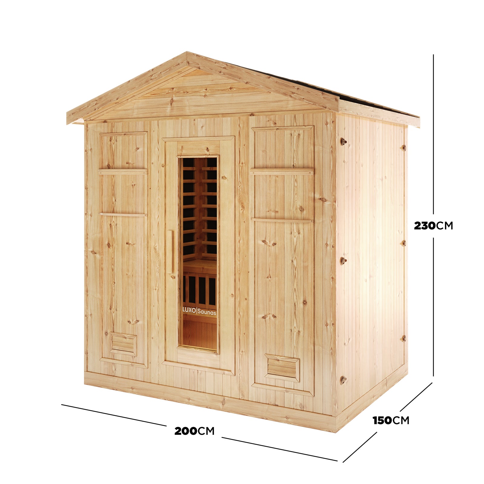 Luxo Kiima 6 Person Hybrid Finnish Outdoor Sauna in Natural, showcasing a wooden cabin with a glass-inset door, visible interior benches, and heating elements, measuring 200 cm wide × 150 cm deep × 230 cm tall.