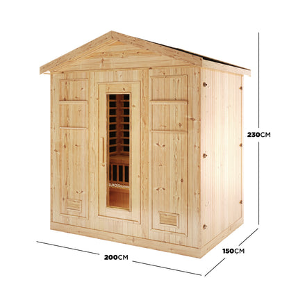 Luxo Kiima 6 Person Hybrid Finnish Outdoor Sauna in Natural, showcasing a wooden cabin with a glass-inset door, visible interior benches, and heating elements, measuring 200 cm wide × 150 cm deep × 230 cm tall.