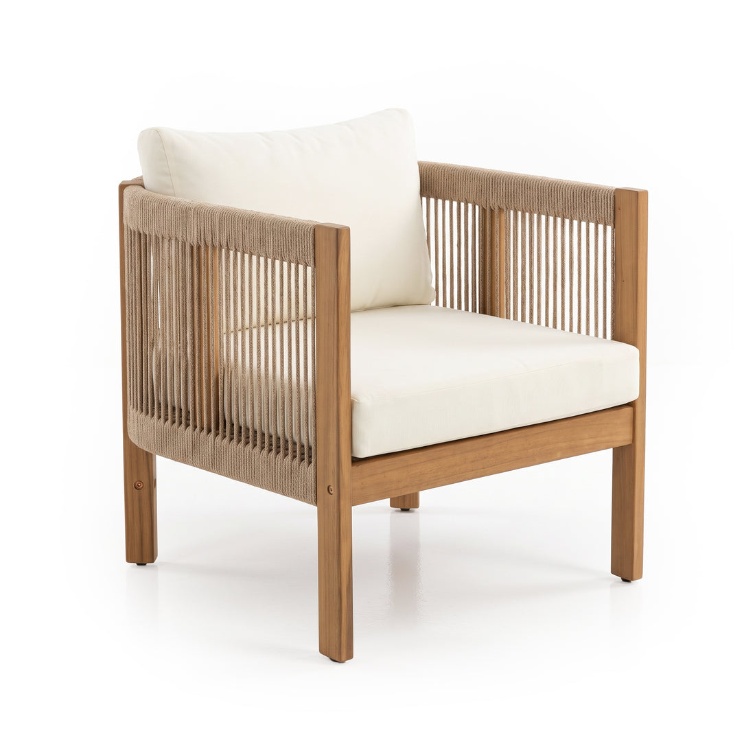 Contemporary armchair with woven rope sides on white background