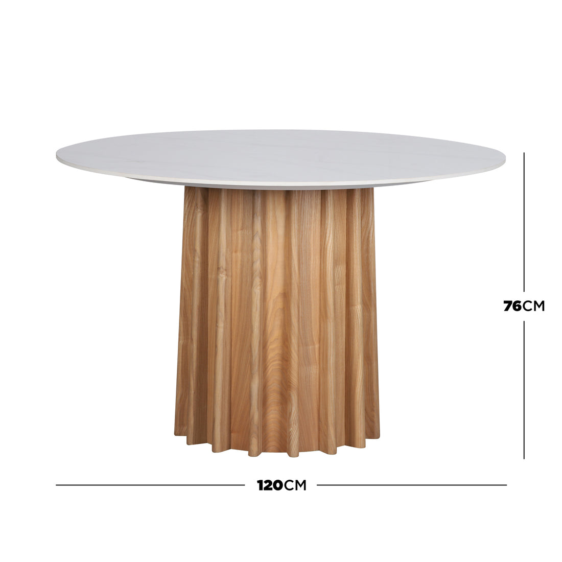 Gabi 120cm Marble Look Dining Table features a round, white sintered stone tabletop and a fluted, natural wood pedestal base, offering elegant style and practicality for compact dining spaces.