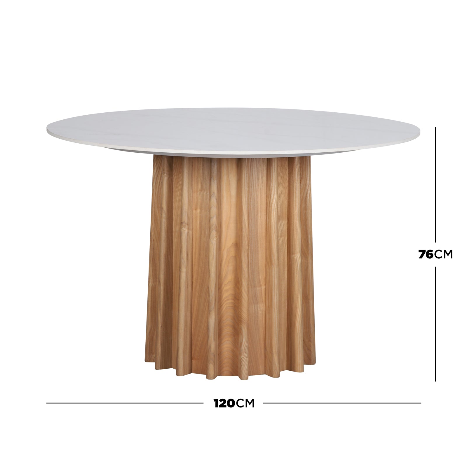 Gabi 120cm Marble Look Dining Table features a round, white sintered stone tabletop and a fluted, natural wood pedestal base, offering elegant style and practicality for compact dining spaces.