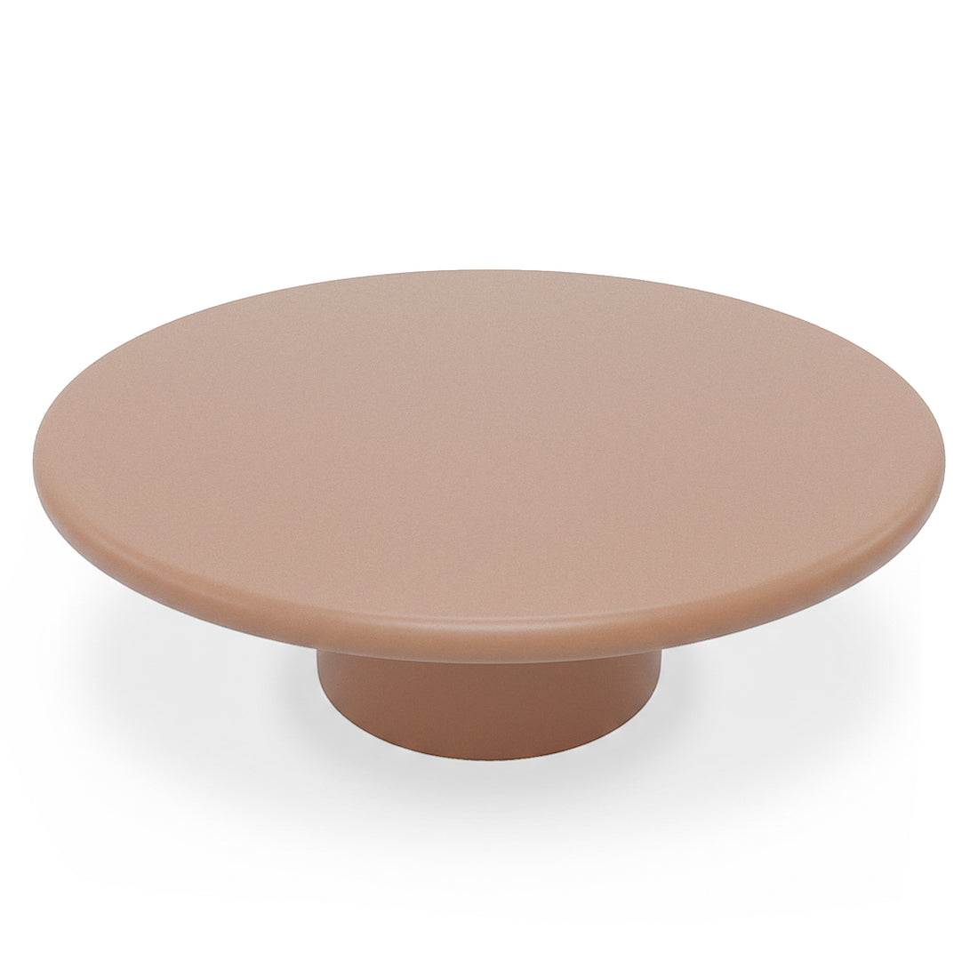 Round low-profile pedestal table on white background