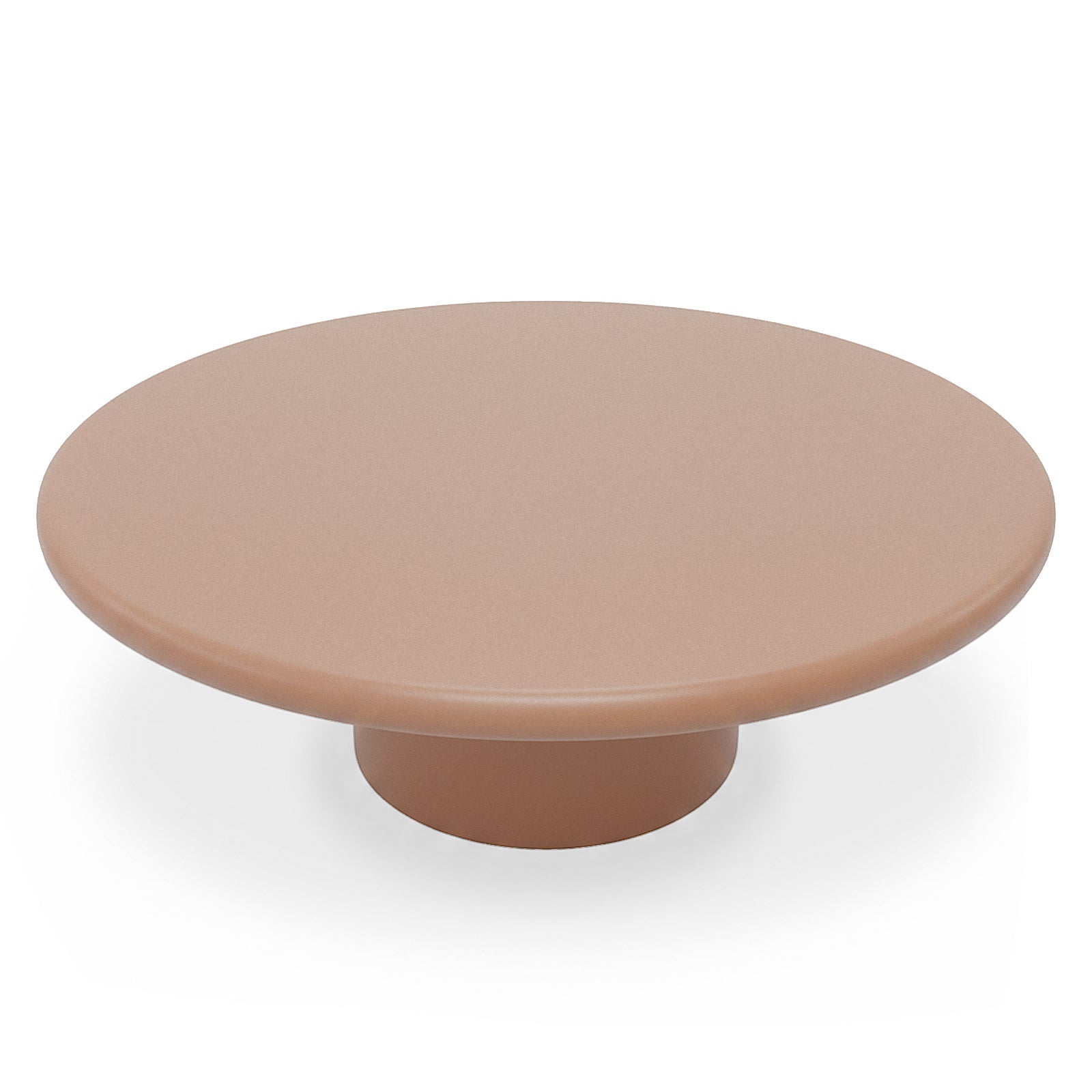 Round low-profile pedestal table on white background