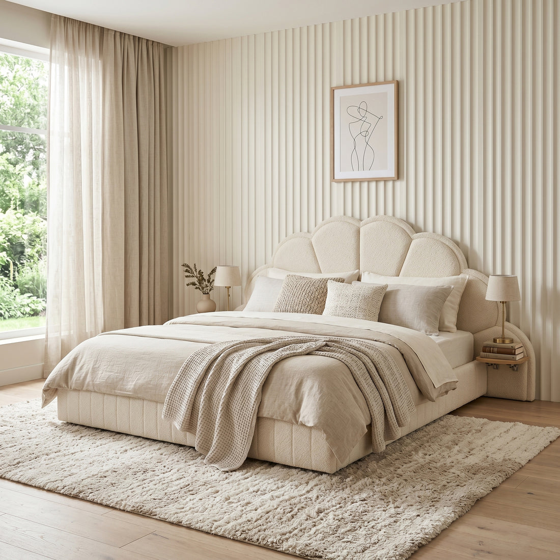 Upholstered scalloped headboard bed styled in a bright, modern bedroom