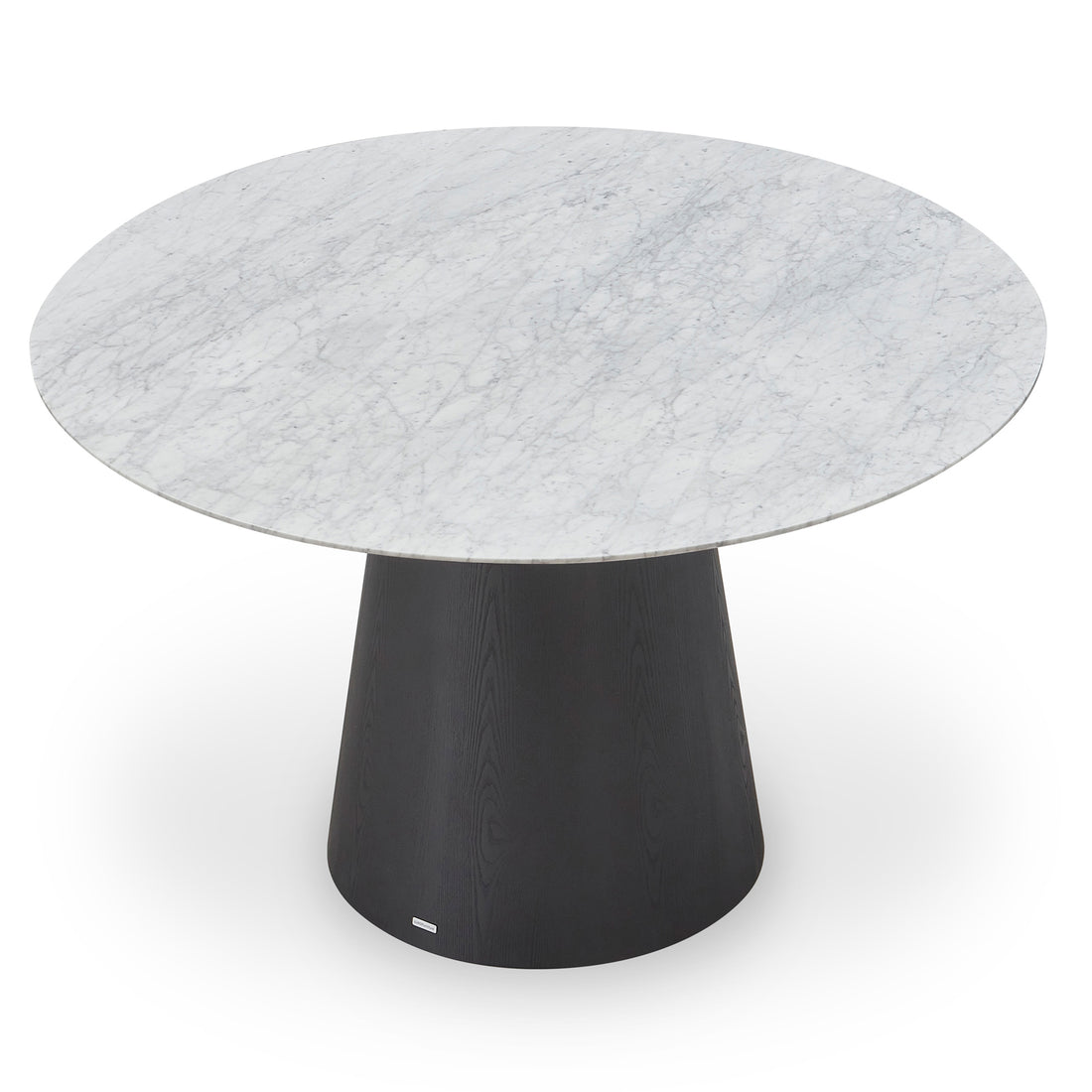 Dina 120cm Round Marble Dining Table in Carrara Black features a circular marble top with unique veining, resting on a solid black conical pedestal base, blending elegance and modern design.