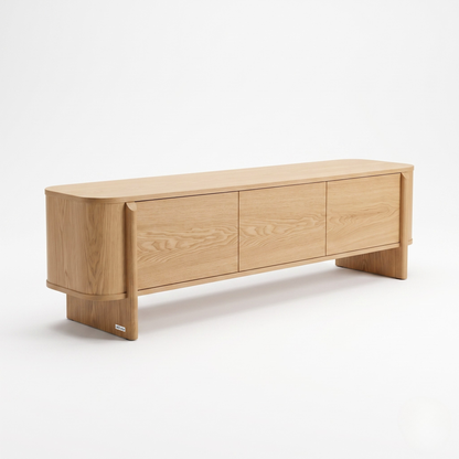 Modern light wood sideboard on a white background with three cabinet doors