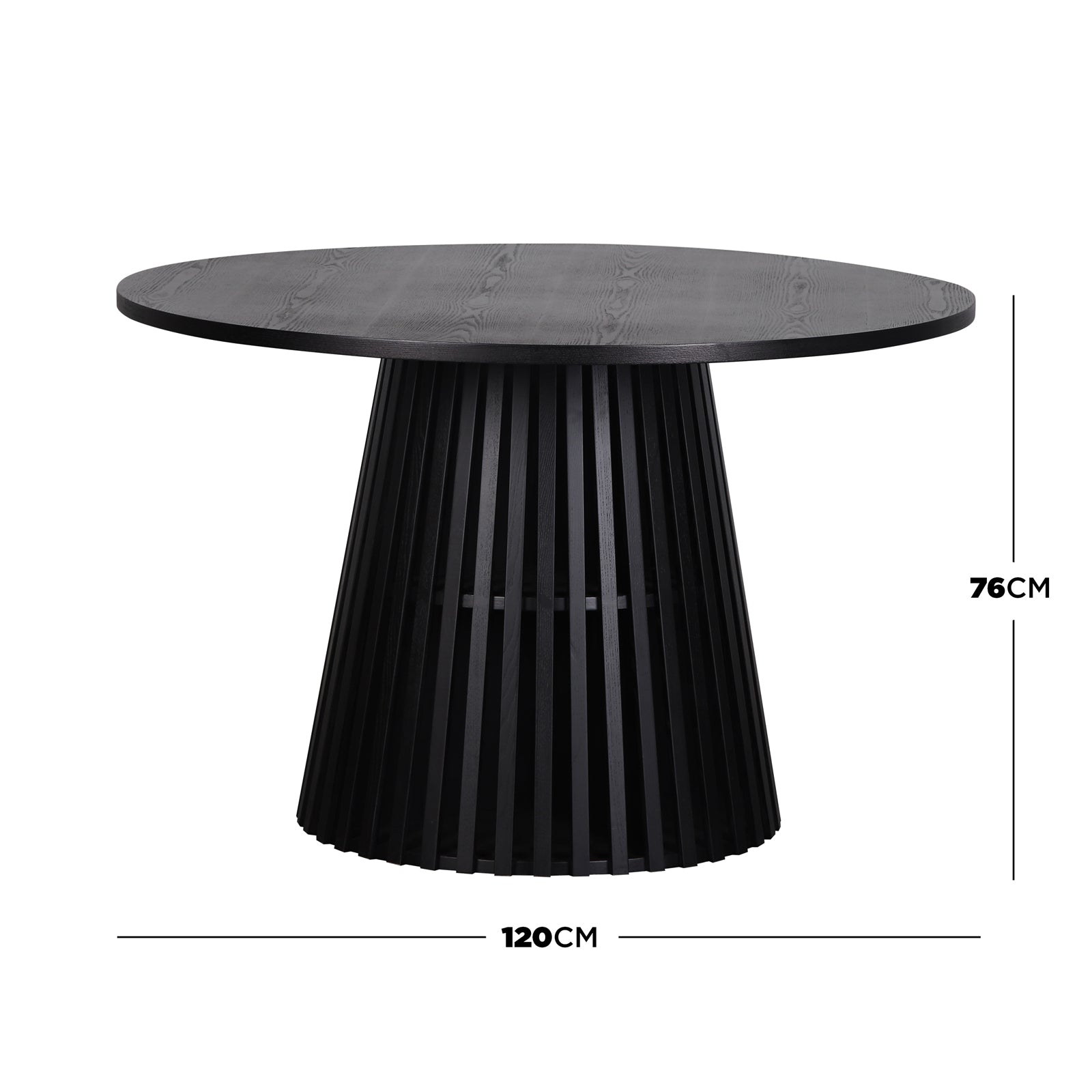 Riri 120cm Round Fluted Wood Dining Table in Black features a 120 cm round top and a striking fluted conical pedestal base with vertical slats, exuding modern architectural elegance.